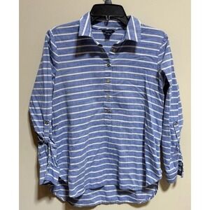 Nautica Blue White Stripe Cotton Lightweight 1/2 Button Blouse Top Gold Buttons